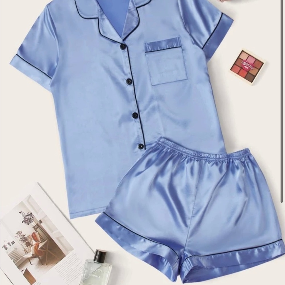 Dusty Blue Satin Pajama set! NWT. Available in L and XL